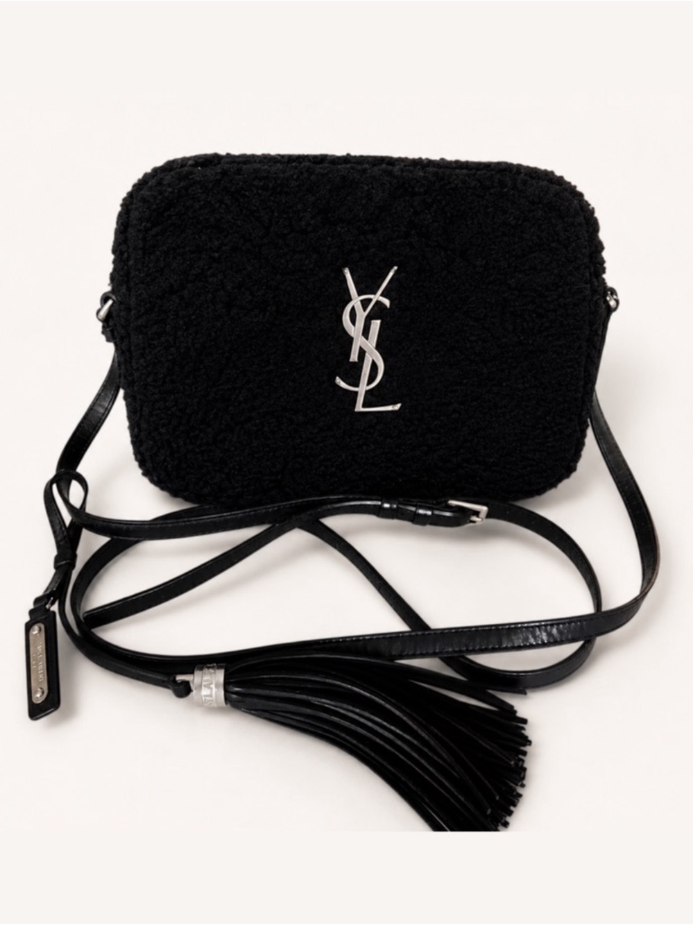 Saint Laurent Lou Camera Bag Black Shearling Silver YSL Crossbody Tassel Charm